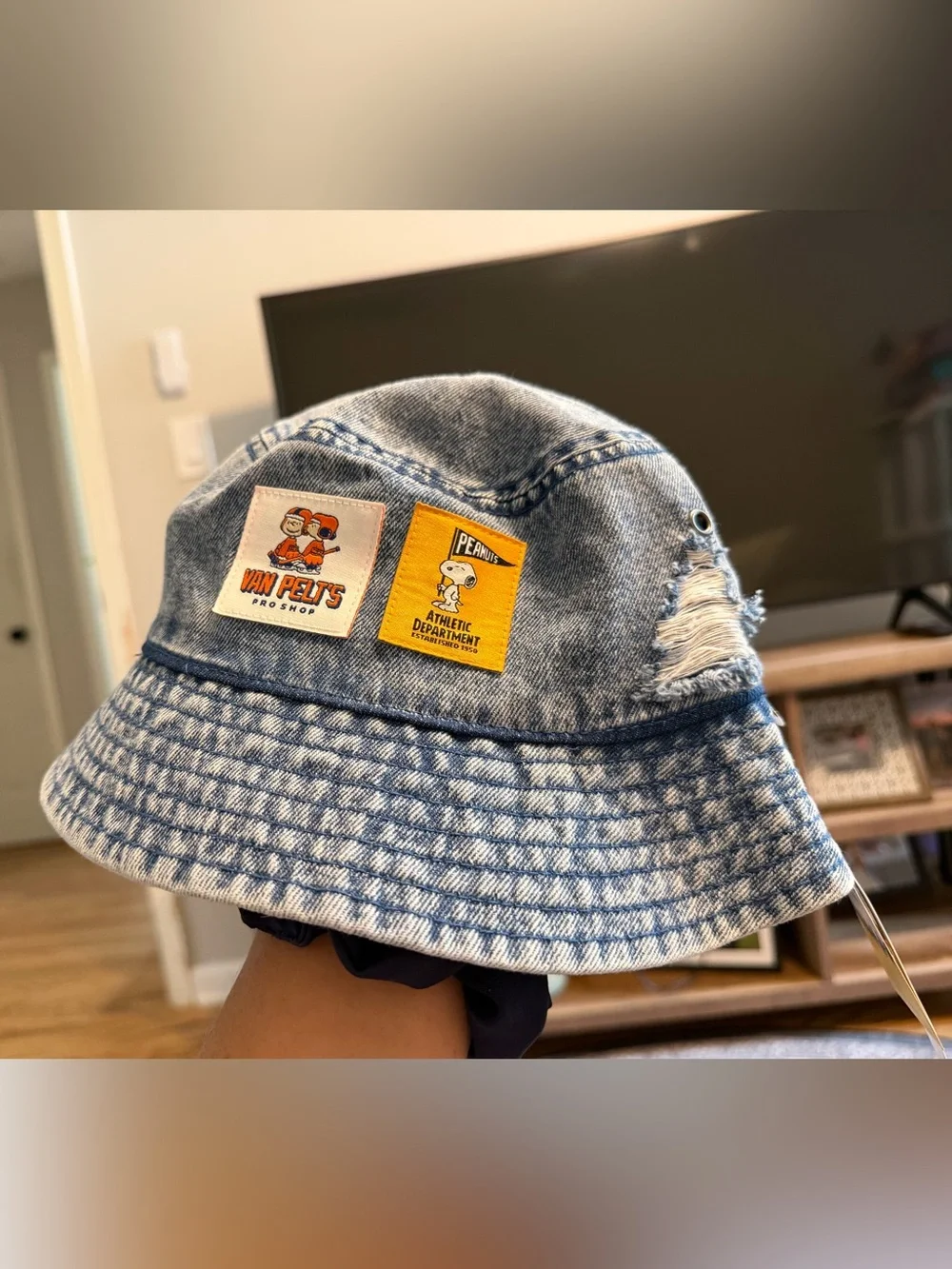 Peanuts Snoopy x Van Pelt Athletic Department Distressed Denim Bucket Hat, NWT!